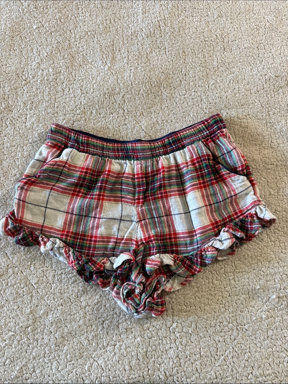 aerie Red and Green Plaid Ruffle-Trim Sleep Shorts Small